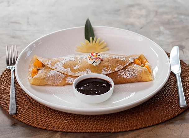 Fruit Roll Pancake with Chocolate Sauce